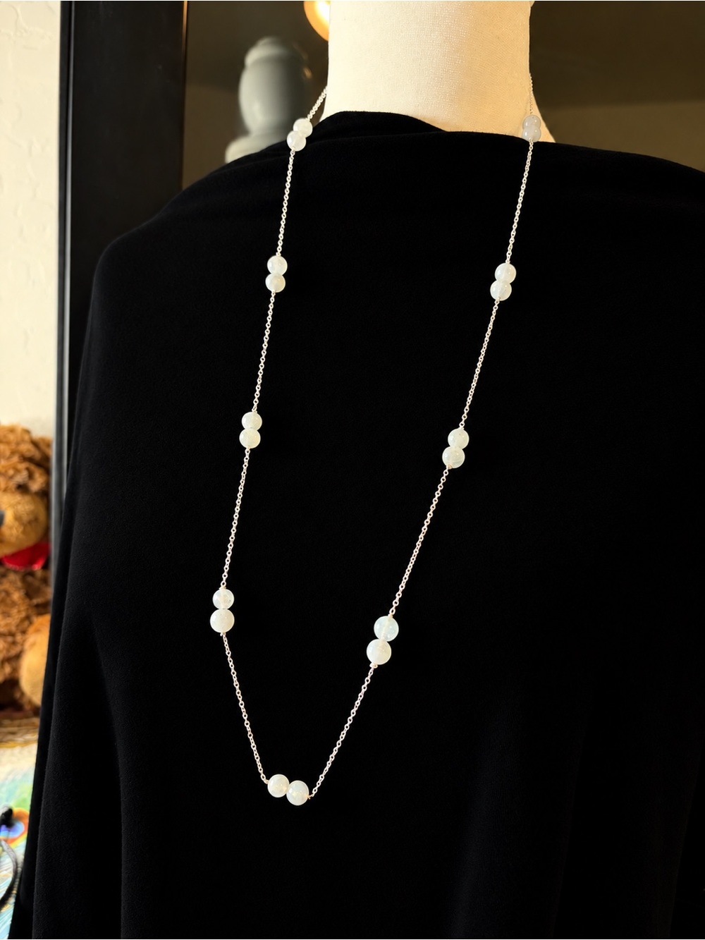 Natural Labradorite Silver Tone Long Chain 
Necklace • Handmade